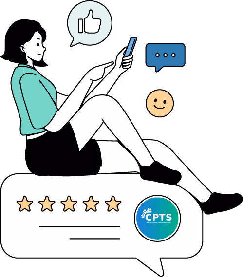Illustration d'une femme sur son téléphone, entourée d'icônes de réseaux sociaux et du logo de la CPTS BTV